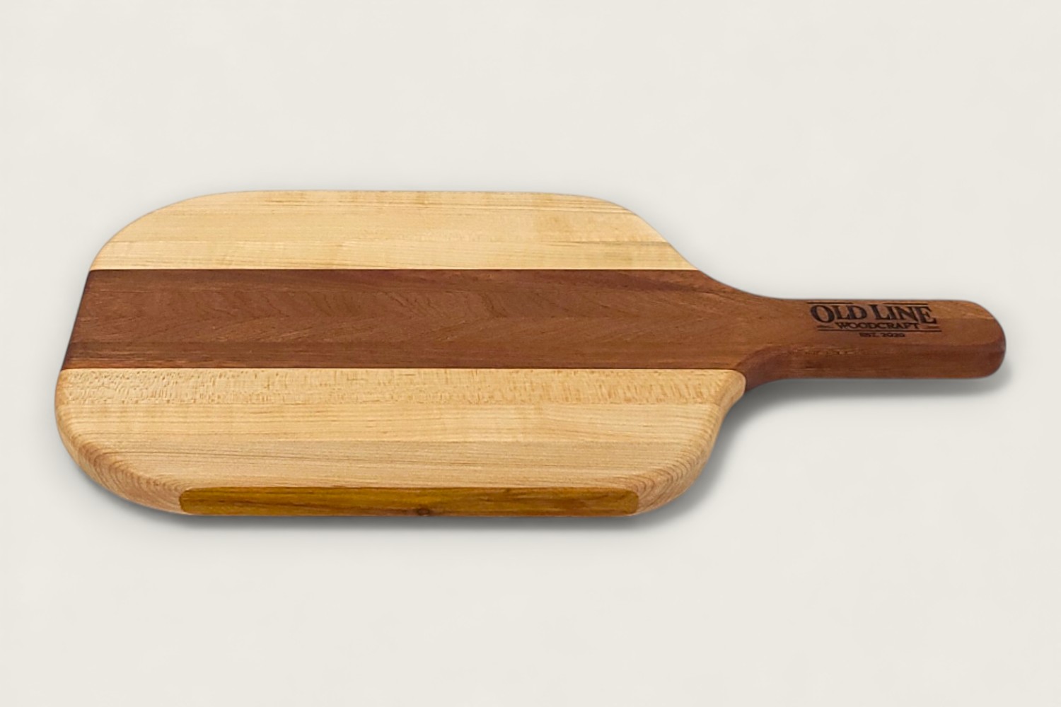 Pickleball Inspired Charcuterie Board (#365) in light maple edge grain with horizontal pattern and cutout handle.